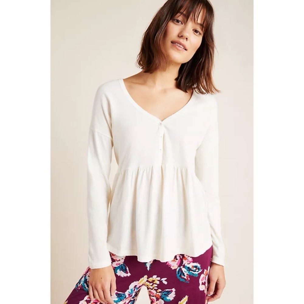 Saturday Sunday Anthropologie White Cotton Peplum Henley Top L Boho Casual